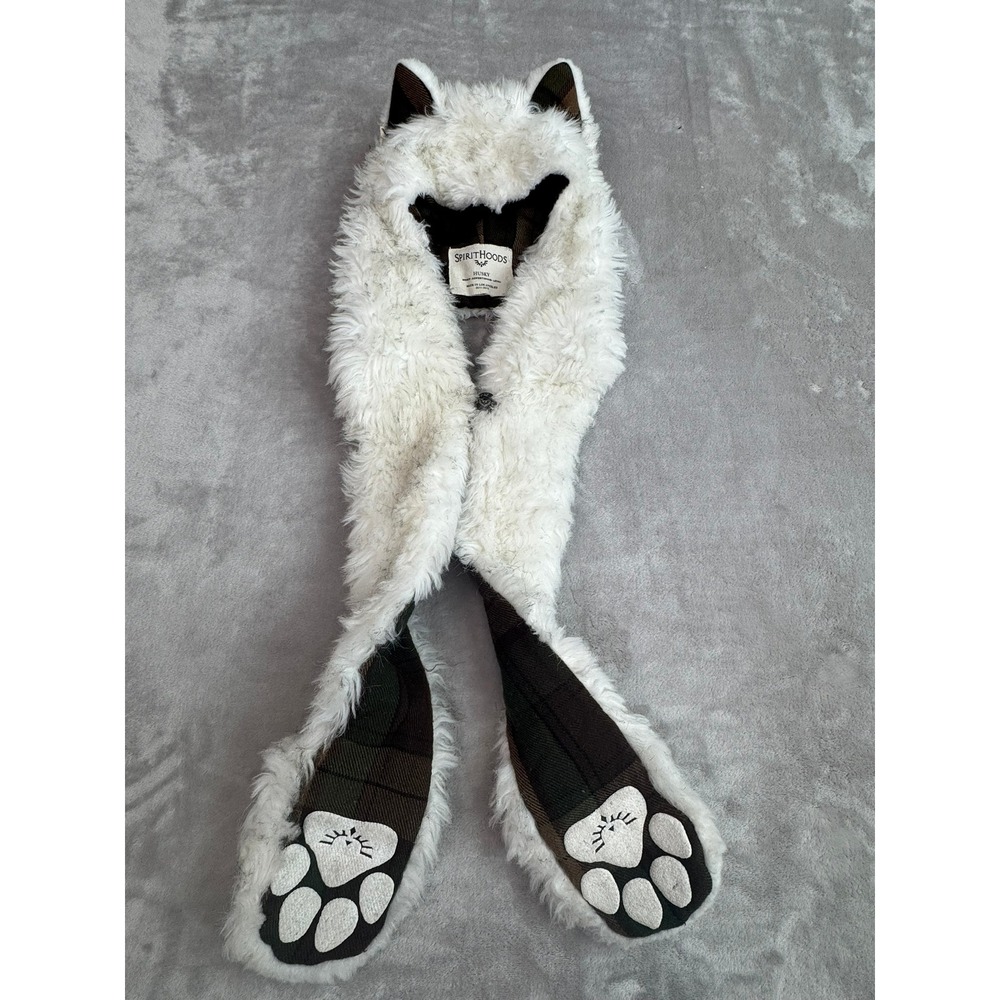 Spirit Hoods Husky‎ Faux Fur Hood Scarf with Paw Mittens Plaid Lined